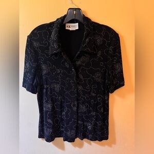 Vintage S.L. Fashions Black Short Sleeve Blouse Silver Dot Floral